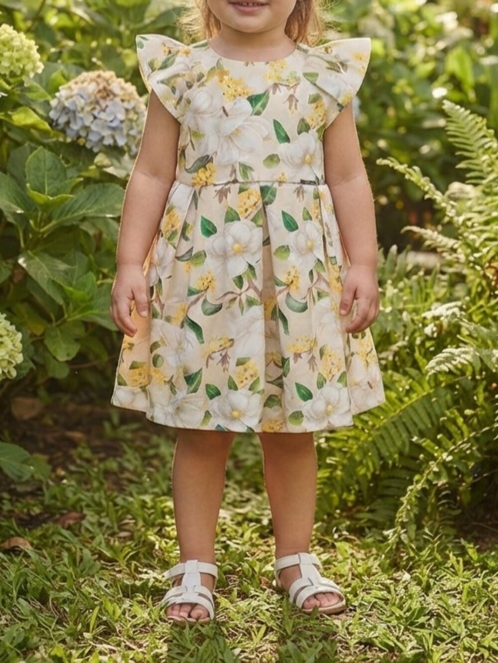 Mayoral Spain Magnolia Print Ruffle Sleeve Pleated Dress - Boutique Dress 24 Mos